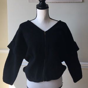 Wool cocoon puff sleeve black zip up cardigan